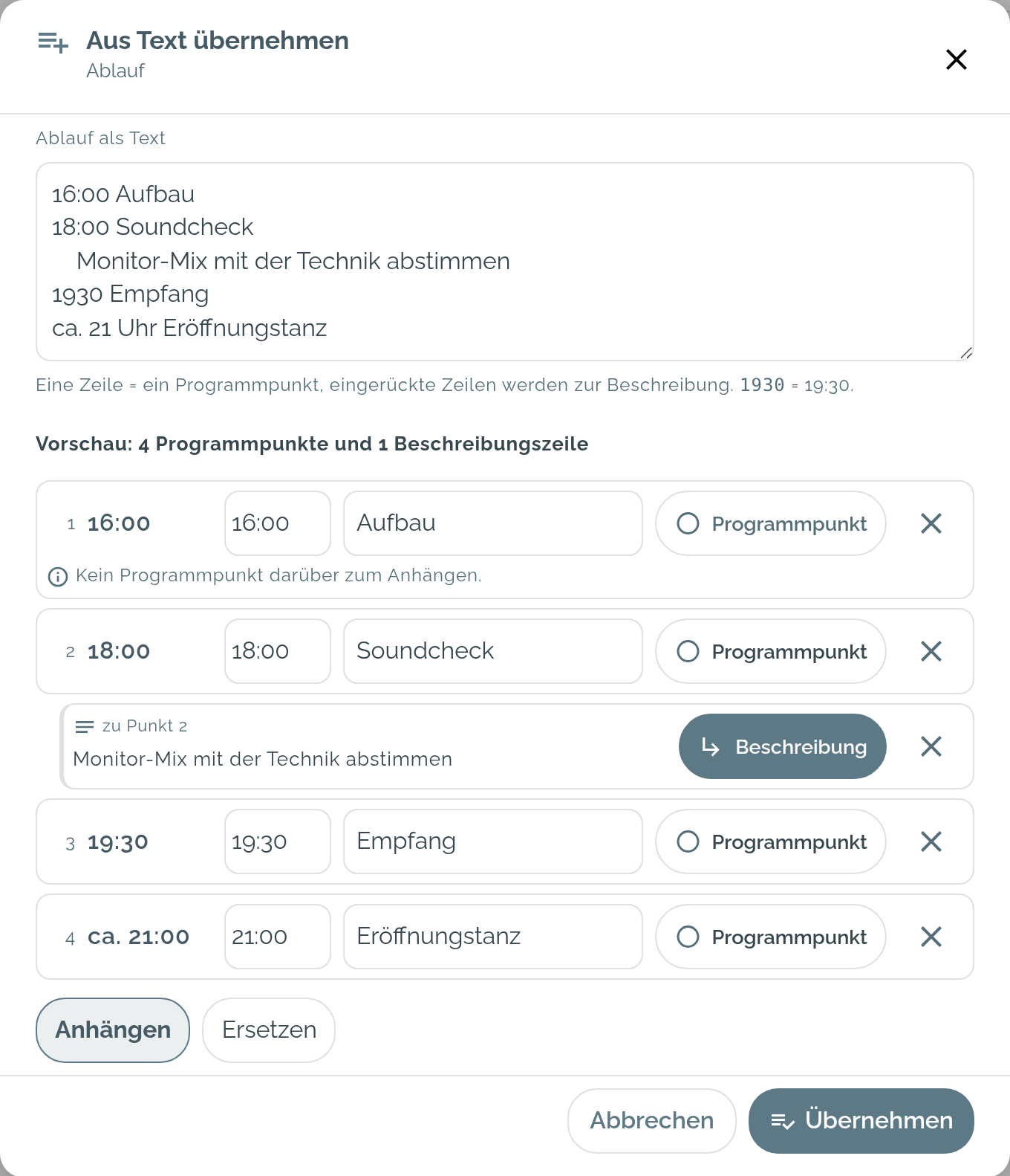 Dialog „Aus Text übernehmen“: oben der eingefügte Text, darunter die Vorschau der erkannten Programmpunkte