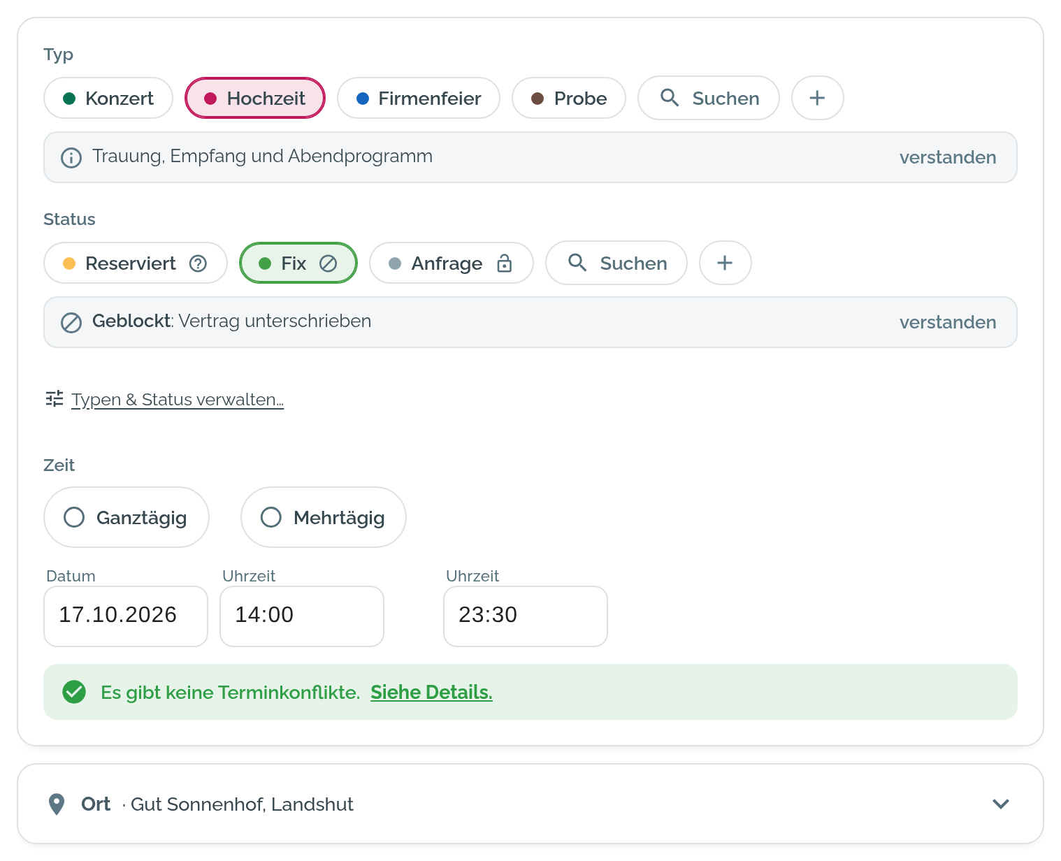 Formular eines neuen Gigs: oben die Auswahl für Typ und Status, darunter Datum und Uhrzeit sowie der Ort