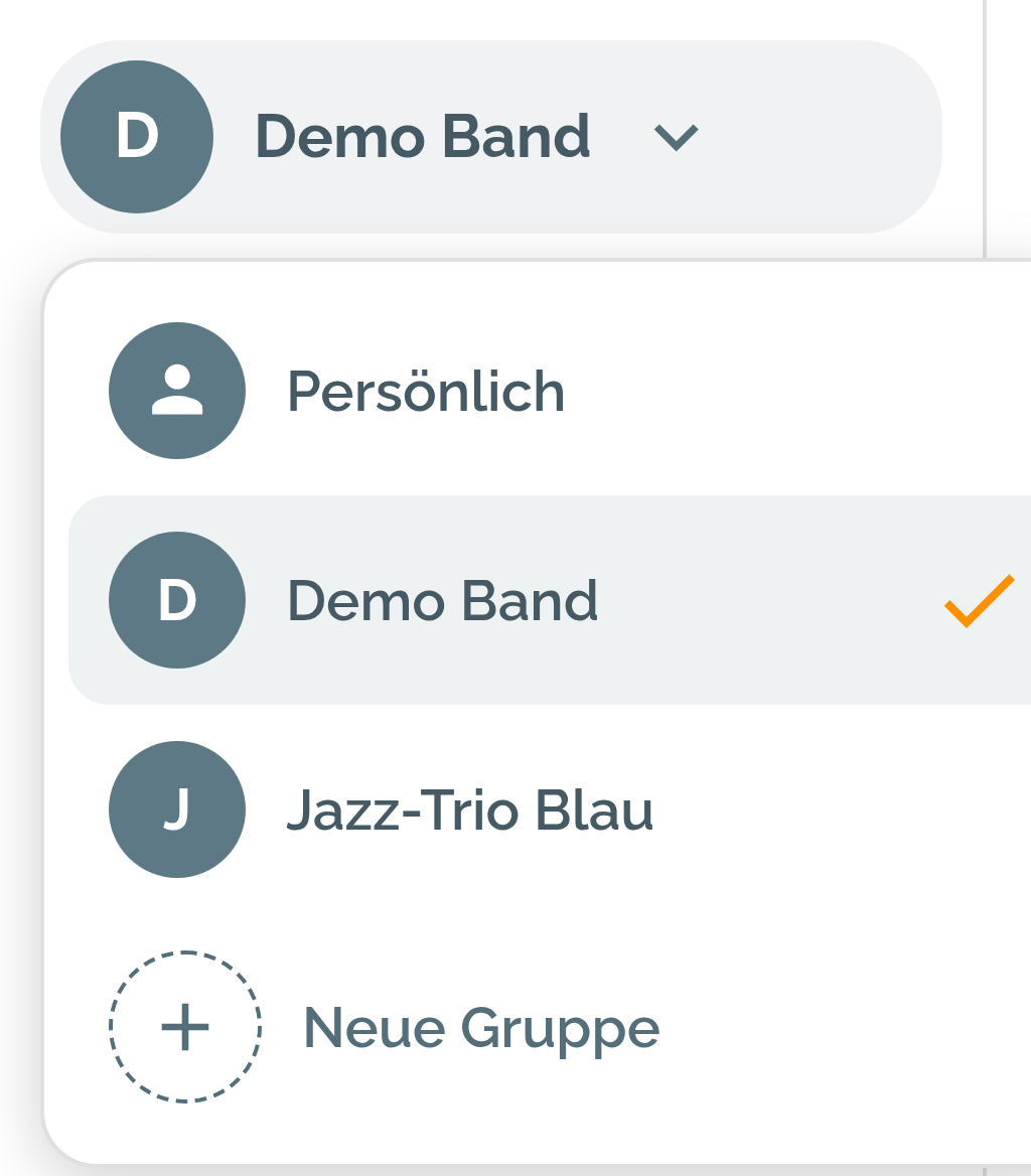 Geöffneter Kontext-Umschalter: Persönlich, zwei Gruppen und Neue Gruppe, ein Haken am aktiven Kontext