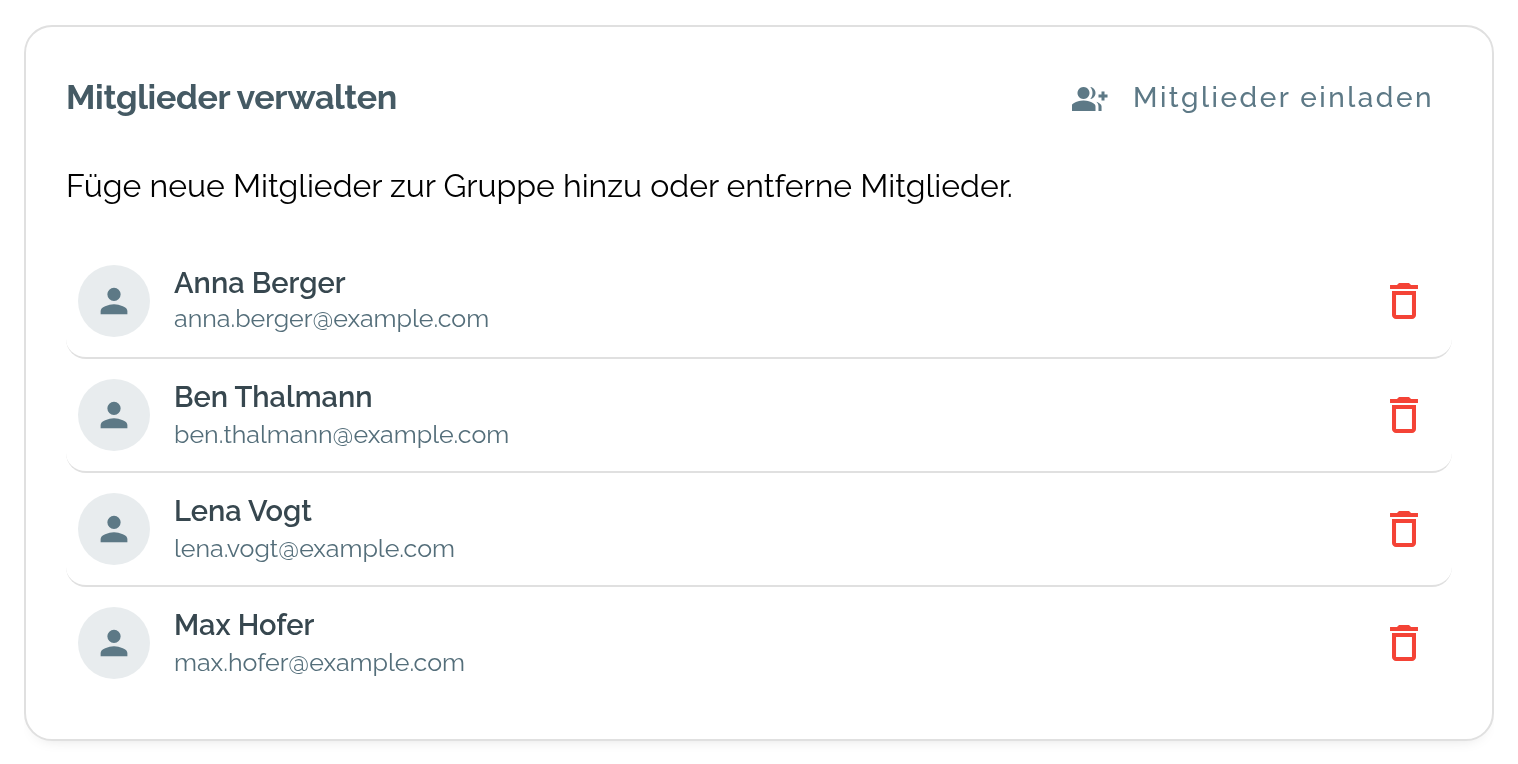 Karte „Mitglieder verwalten“ mit vier Mitgliedern, je mit Name, E-Mail-Adresse und Papierkorb-Symbol