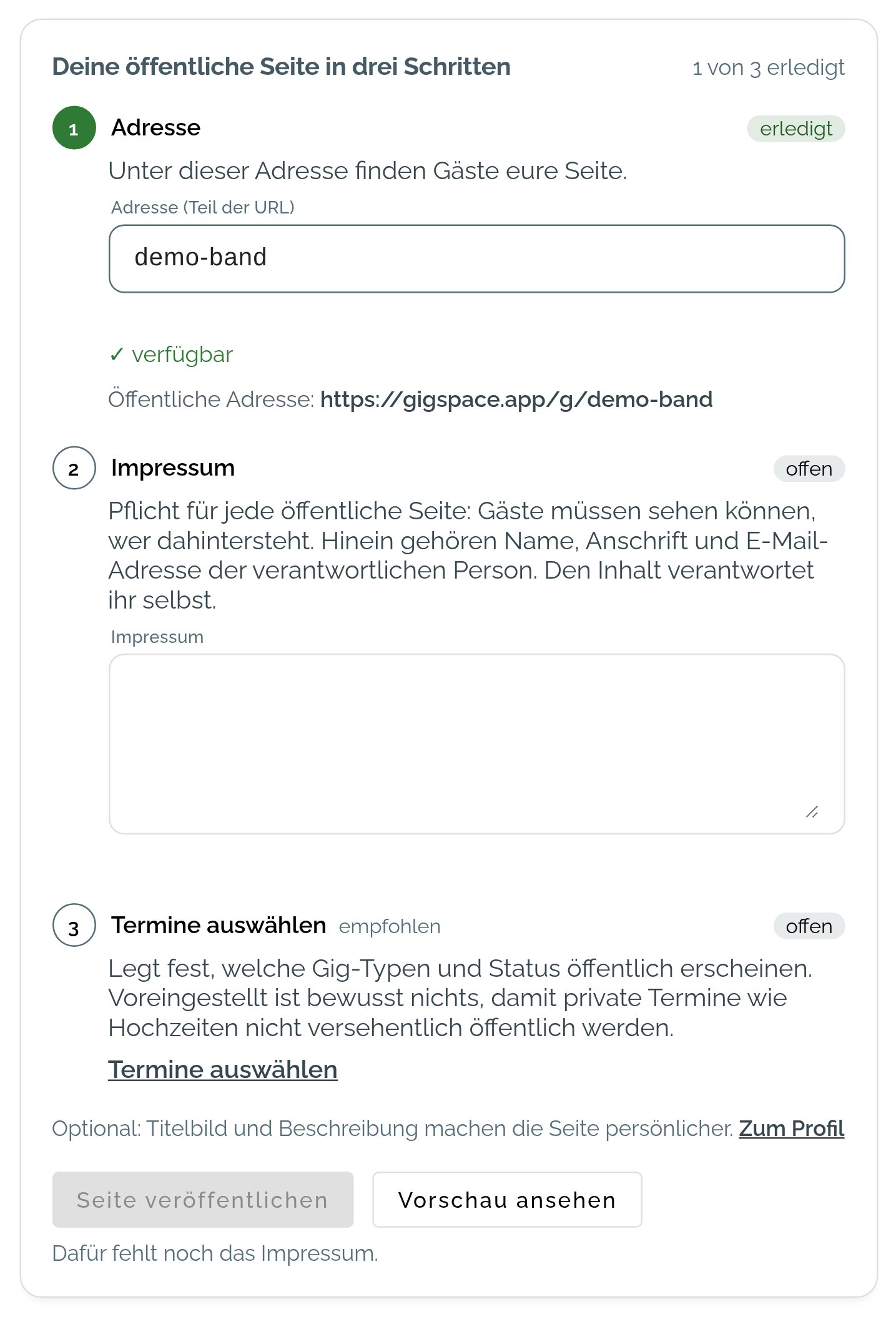 Einrichtungs-Karte der öffentlichen Seite: Schritt Adresse erledigt mit der Adresse demo-band, Impressum und Termine auswählen noch offen; darunter Seite veröffentlichen, gesperrt mit dem Hinweis, dass das Impressum fehlt, und Vorschau ansehen
