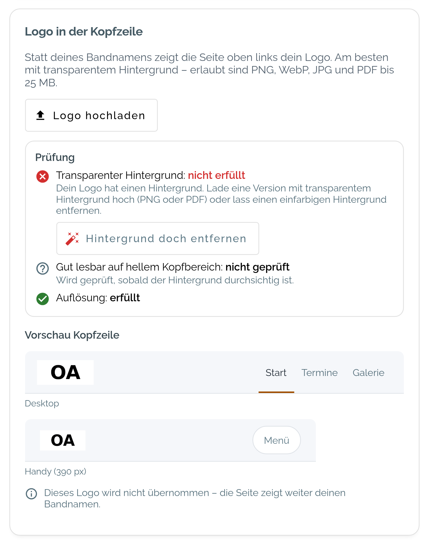 Bereich Logo in der Kopfzeile nach dem Hochladen eines Logos mit einfarbigem Hintergrund: Transparenter Hintergrund nicht erfüllt mit dem Knopf Hintergrund doch entfernen, Gut lesbar auf hellem Kopfbereich noch nicht geprüft, Auflösung erfüllt; darunter die Vorschau der Kopfzeile für Desktop und Handy