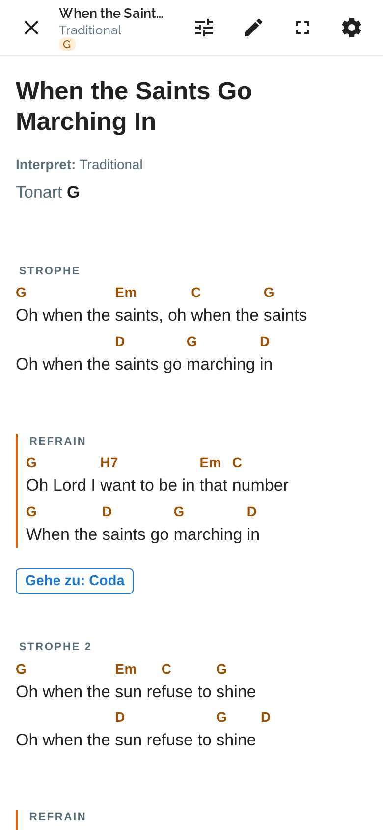 Dasselbe Lied auf dem Handy: Akkorde über dem Text und der Knopf „Gehe zu: Coda“.