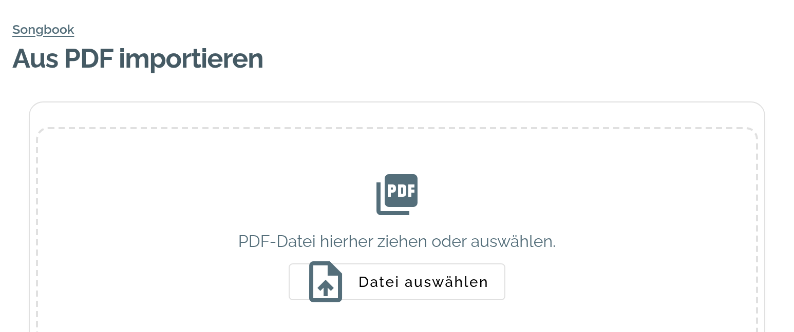 Die Seite Aus PDF importieren mit der Fläche zum Hineinziehen und dem Knopf Datei auswählen.
