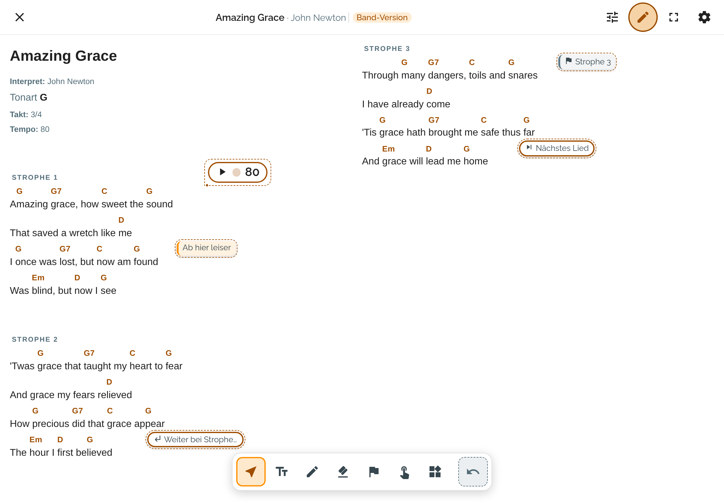 Die Bühnenansicht im Bearbeiten-Modus: am Text hängen eine Textbox Ab hier leiser, ein Metronom, ein Ziel Strophe 3, ein Knopf Weiter bei Strophe 3 und ein Knopf Nächstes Lied. Unten die Werkzeugleiste.