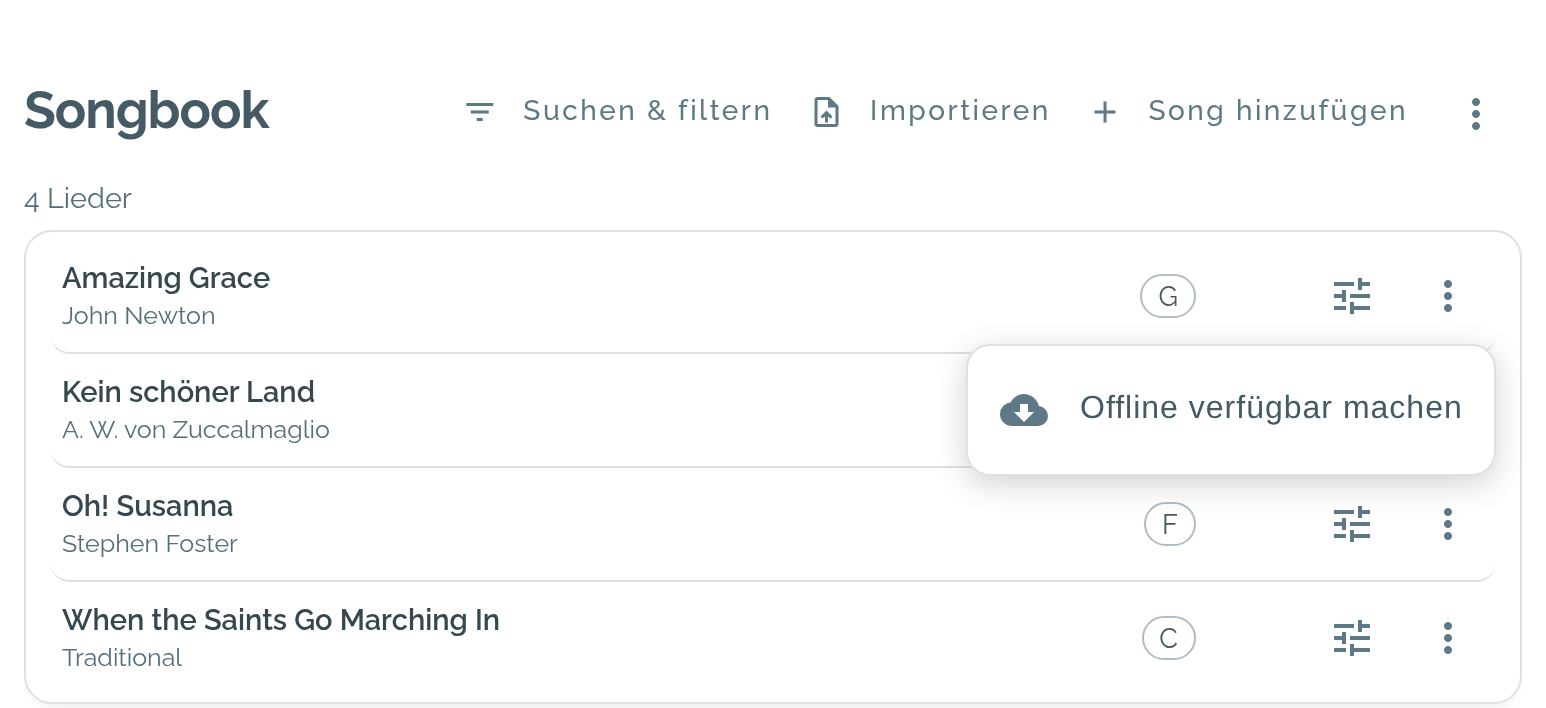 Die Liedliste mit geöffnetem Menü einer Zeile und dem Eintrag Offline verfügbar machen.