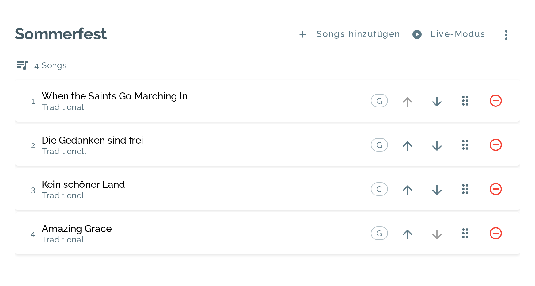 Die Setlist „Sommerfest“ mit vier Liedern, ihren Tonarten und dem Knopf für den Live-Modus.
