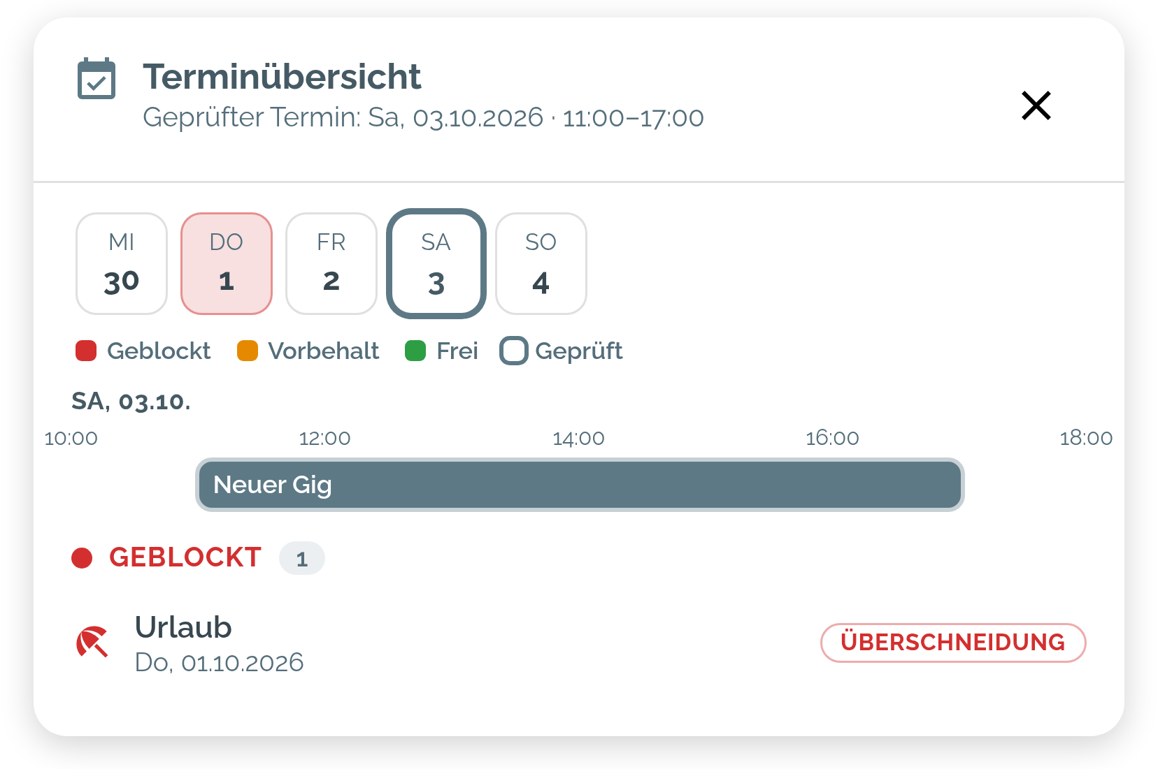Dialog „Terminübersicht“: Tagesstreifen mit dem geprüften Samstag, Zeitleisten je Tag und darunter eine geblockte Abwesenheit, die sich mit dem Termin überschneidet